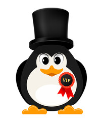 Abstract penguin is free of charge with a badge and a high cylinder. Concept of a gentleman businessman on a white background. Cartoon style vector illustration