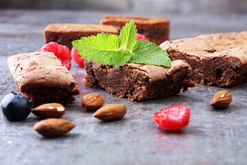 homemade chocolate brownies on grey background