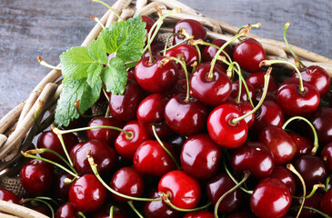 Cherry basket / Sweet cherry background/ cherry with leaf