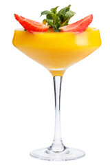 Refreshing fruit cocktail. A refreshing drink with a mango pulp, decorated with strawberries and mint.