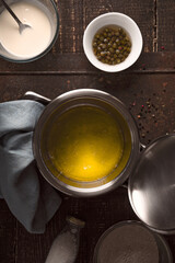 Ingredients for veloute sauce on the wooden table top view