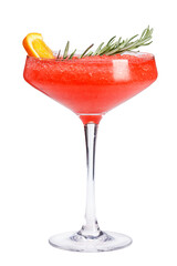 A refreshing fruit cocktail. A refreshing drink with a pulp of red berries, decorated with rosemary and an orange slice.