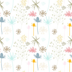 Floral vector seamless pattern with cornflowers, thistles and grasses.