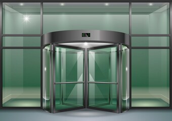The facade of a modern shopping center or station, an airport with revolving doors. Vector graphics