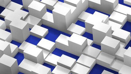 Abstract background of cubes and parallelepipeds, white on blue