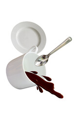 Coffee splash and cup coffee in art visual and isolated on white background /  Selective focus.