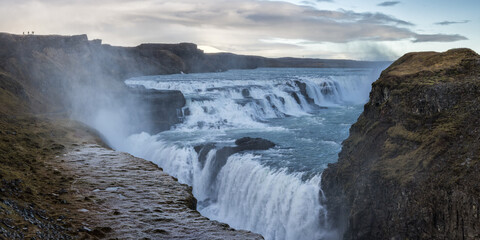 Landscape with Gullfoss waterfall and steam. Hrunamannahreppur, Arnessysla, Sudurland, Iceland, Europe.