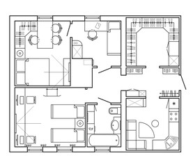 Floor plan. Black and White architectural plan of a house. Layout of the apartment with the furniture in the drawing view. With kitchen and bathroom, living room and bedroom. Interior design. Vector