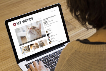woman computer cats video strreaming - obrazy, fototapety, plakaty