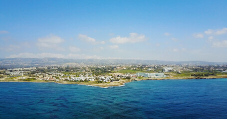 Fototapeta premium The bay of Aphrodite. Coast, beach, sea, rocks. Cyprus. Mediterranean Sea Place for travel and rest. health resort