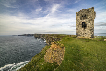 Fototapeta na wymiar Moher Tower at Hag's Head. Cliffs of Moher, Liscannor, Co.Clare, Ireland, Europe.