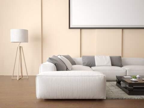 Mock up a spacious bright living room with a large comfortable sofa.