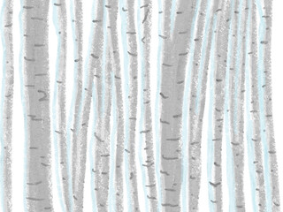 Colorful hand drawn bright spring trees as birch trees on white background, isolated cartoon floral illustration painted by pastel, watercolor and pencil chalk, high quality