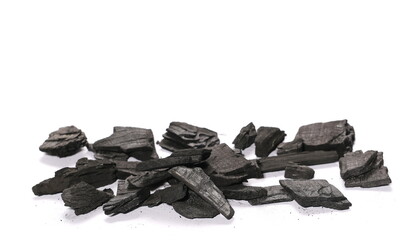 pile charcoal isolated on white background, xylanthrax, wood coal 