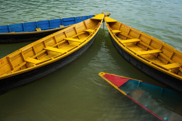 Colourful boats on the lake of Pokhara in Nepal.