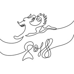 Happy New Year 2018 continuous line design with running dog simbol of the year. Vector illustration.