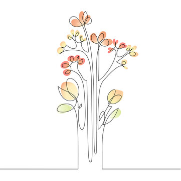 Continuous line drawing of abstract flowers with color spots of flowers. Vector illustration