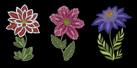 Embroidery design. Collection of floral elements for fabric and textile prints, patches, stickers. Set of beautiful embroidered fashion ornaments of chinese peony, clematis and dahlia flowers.