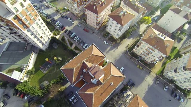 City top down view. Aerial video of rooftops. Fly over shot from multicopter camera in Istanbul City.