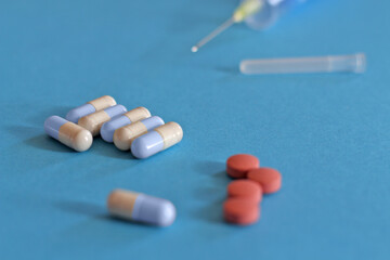 Pills and another drugs for illegal doping manipulations. Pharmacy antibiotic and antidepressant.