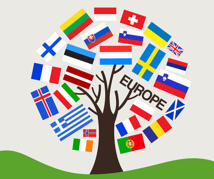 Set of World Flag in Tree Design : Europe : Vector Illustration