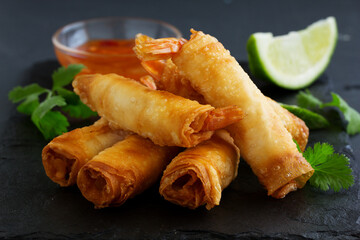 Spring rolls with shrimp with sweet chili sauce. Asian cuisine.