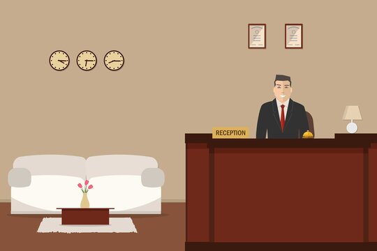 Hotel reception. Young man receptionist is stand at reception desk. There is a white sofa and table with tulips also in the picture. Travel, hospitality, hotel booking concept. Vector illustration