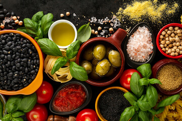 Food background Food Concept with Various Tasty Fresh Ingredients for Cooking. Italian Food Ingredients. View from Above with Copy Space.