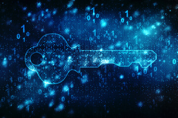 Safety concept: pixelated Key icon on digital background, 3d render
