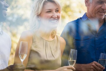 Smiling mature woman with friends holding wineglasses