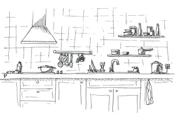 Obraz premium Kitchen sink. Kitchen worktop with sink. The sketch of the kitchen
