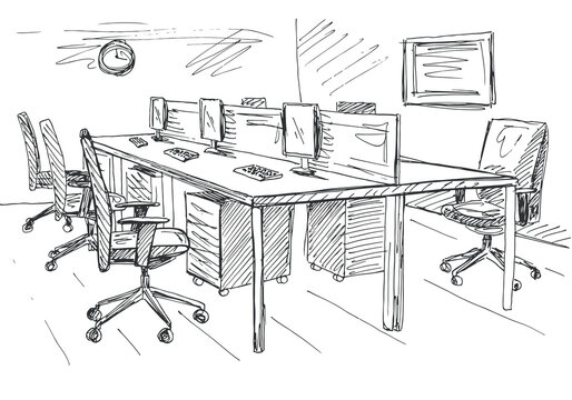 Open Space office. Workplaces outdoors. Tables, chairs and windows. Vector illustration in a sketch style.