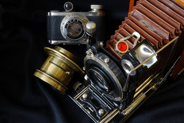 Vintage Camera. Old photo.Film cameras last century.