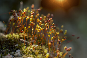Macro photo of Moss seeds with sunlight.