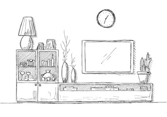 Linear sketch of the interior. Bookcase, dresser with TV and shelves. Hand drawn vector illustration of a sketch style.