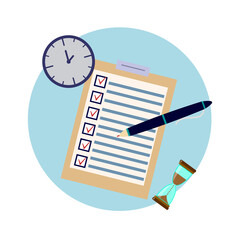 School exam test results.Education flat icon set for flyer, poster, web site like test, pen, clock and hourglass. 