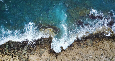 clear water of the Mediterranean Sea. Drone Point of View.  - obrazy, fototapety, plakaty