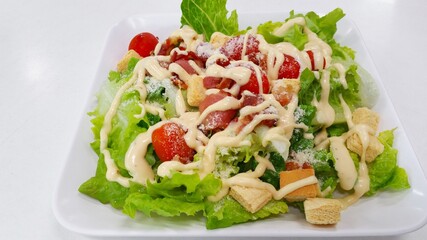 Caesar salad disk, shoot isolated on the white background.