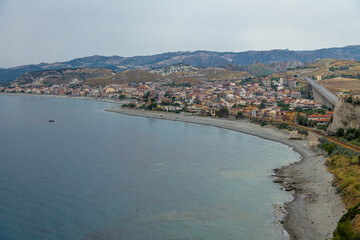Fototapeta premium Aerial view of Bova Marina Town, a Mediterranean beach of Ionian Sea - Bova Marina, Calabria, Italy