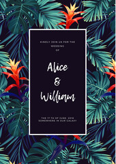 Naklejka premium Floral wedding invitation with guzmania flowers, monstera and royal palm leaves. Exotic hawaiian vector background.