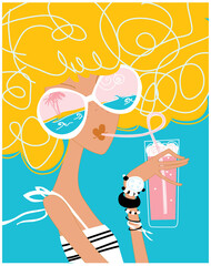 Fashion style girl wearing glasses with sea view reflection and drinking strawberry cocktail. Leo woman horoscope sign. Vector illustration.