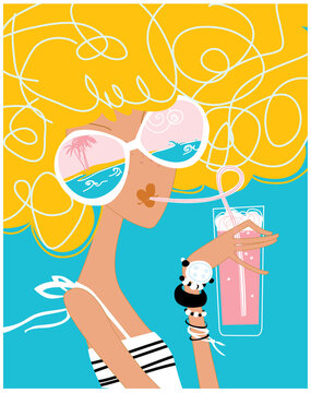 Fashion style girl wearing glasses with sea view reflection and drinking strawberry cocktail. Leo woman horoscope sign. Vector illustration.