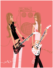 Two young fashion woman playing the guitars in the night club. Vector illustration.