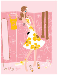 Young woman looking at the mirror and trying on the dress in the dressing room. Vector illustration.