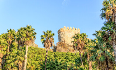 Beautiful medieval tower of a castle surrounded by tropical palm trees