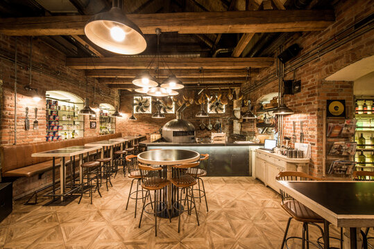 Rustic wooden interior of pizzeria restaurant