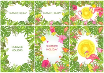 Summery tropical backgrounds with exotic flowers, leaves and flamingo