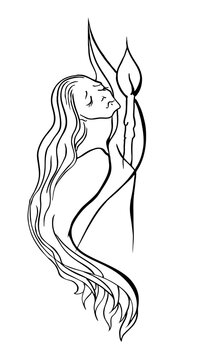 Vector outline of black lines on a white background suffering woman with a candle and stars,