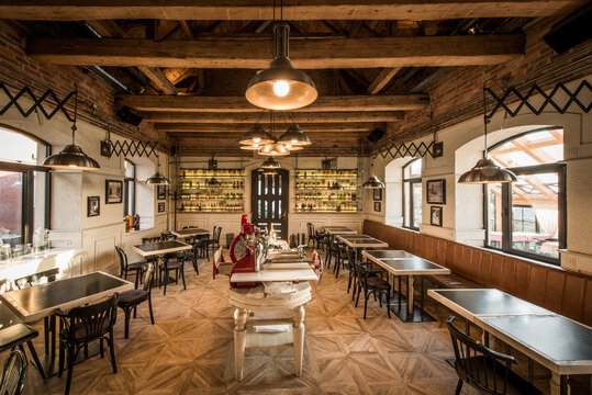 Vintage wooden loft interior of caffee restaurant