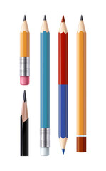 Set of vector illustrations in a realistic style sharpened pencils of various types and lengths, with an eraser and without it, isolated on white. Print, template, design element